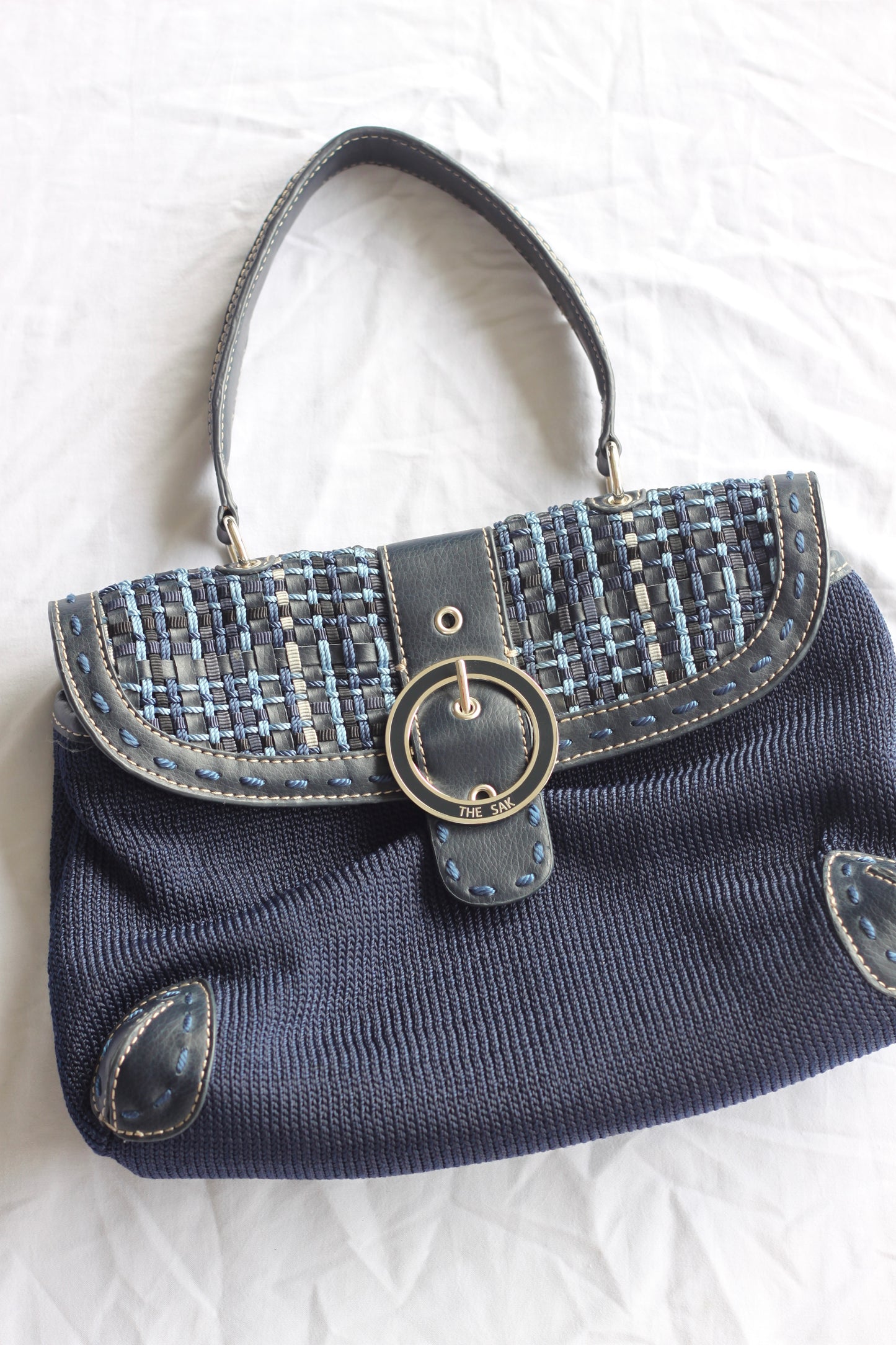 Navy Blue Stitched Clasped Bag