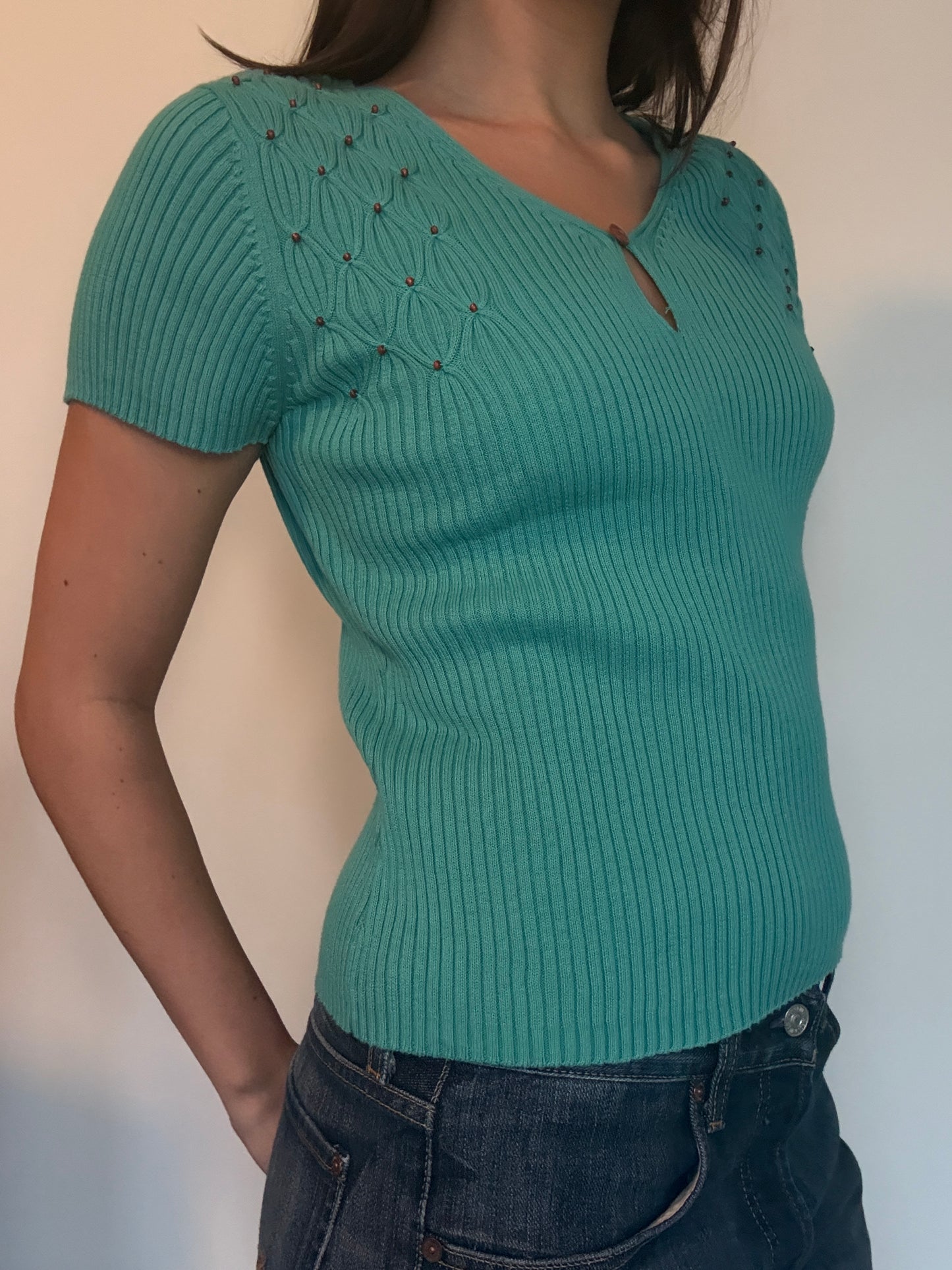 Teal Beaded Vintage Top