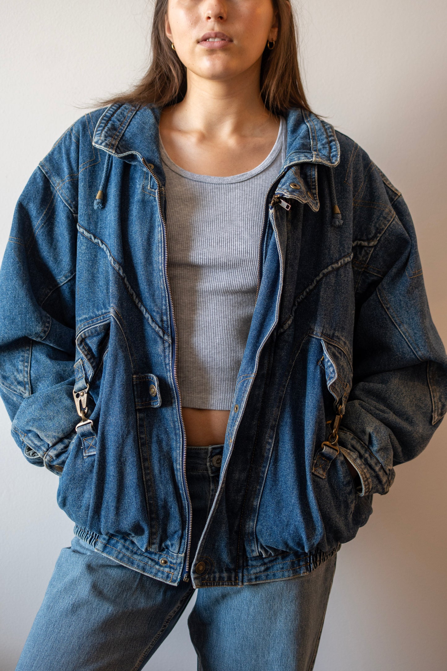 Double Layered Denim Bomber Jacket