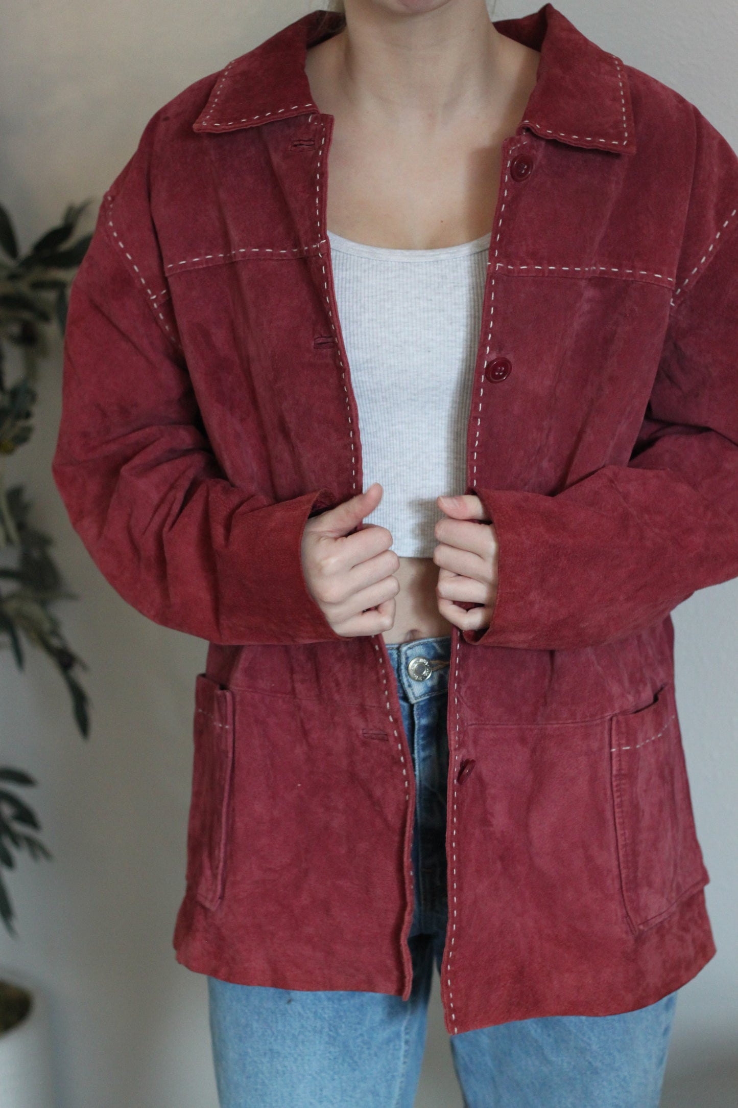 Oversized Red Suede Button Up Jacket