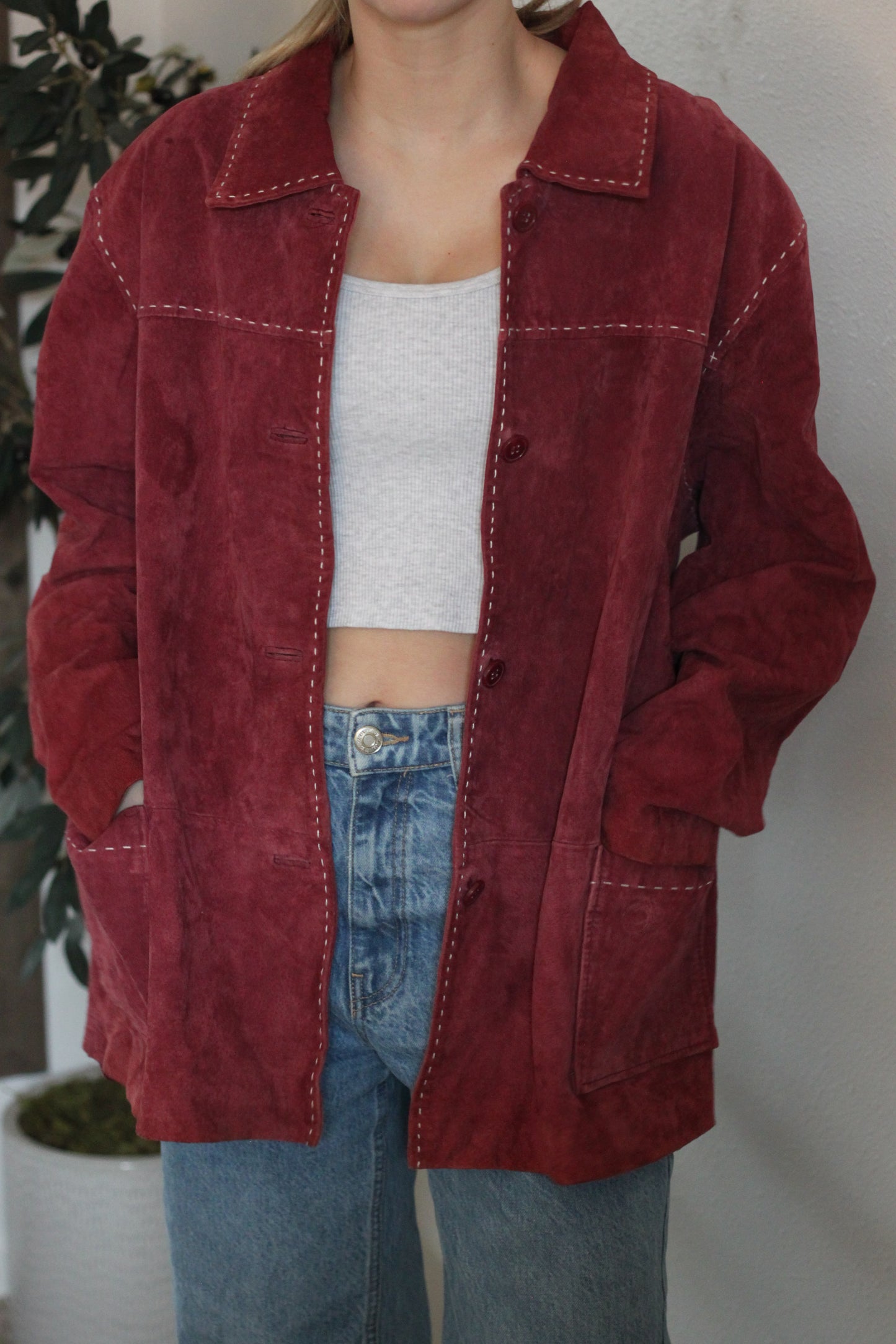 Oversized Red Suede Button Up Jacket