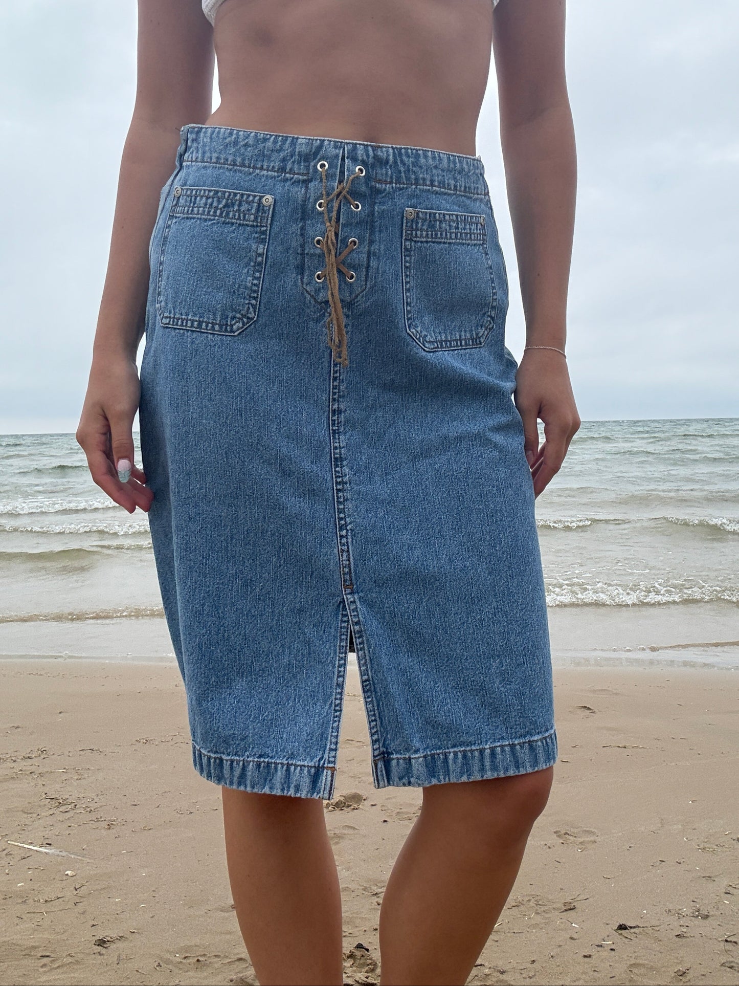 Vintage Lace up Midi Denim Skirt