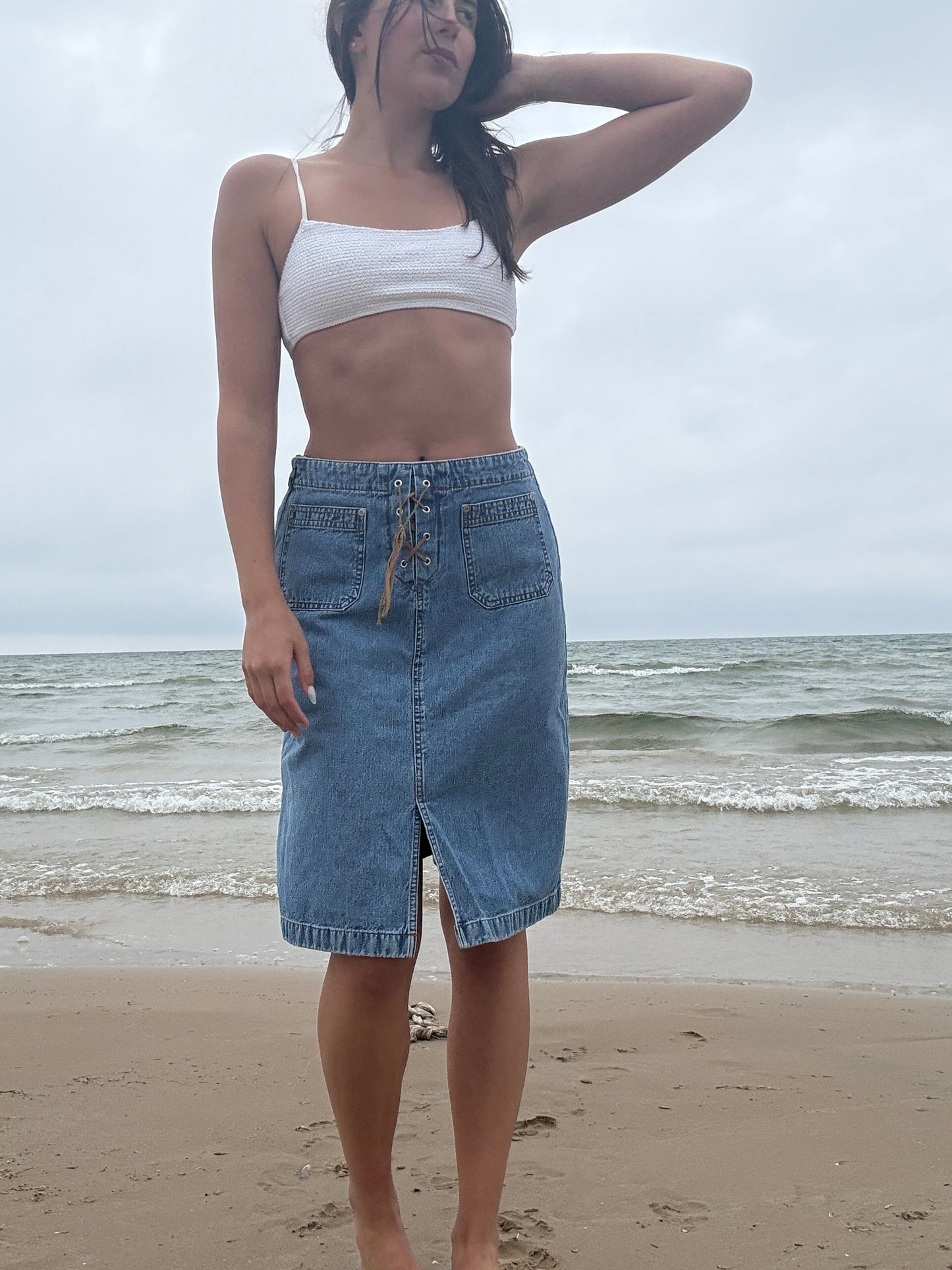 Vintage Lace up Midi Denim Skirt