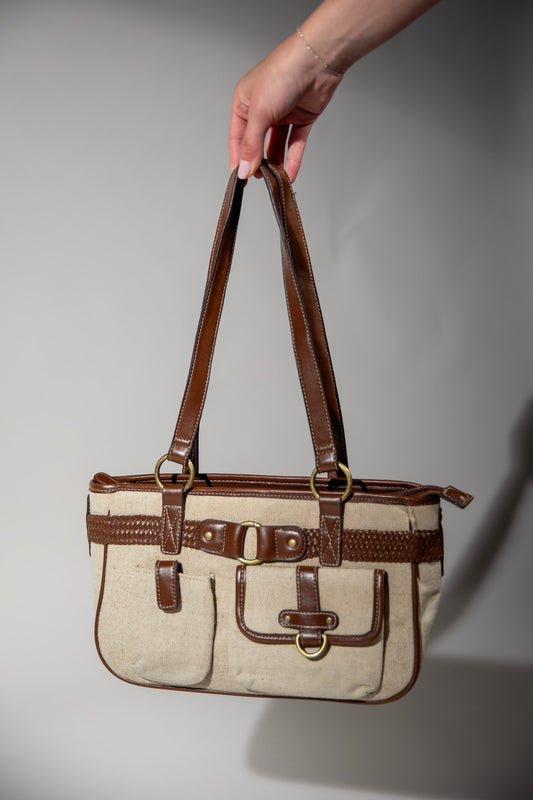 Brown Leather and Tan Canvas Bag