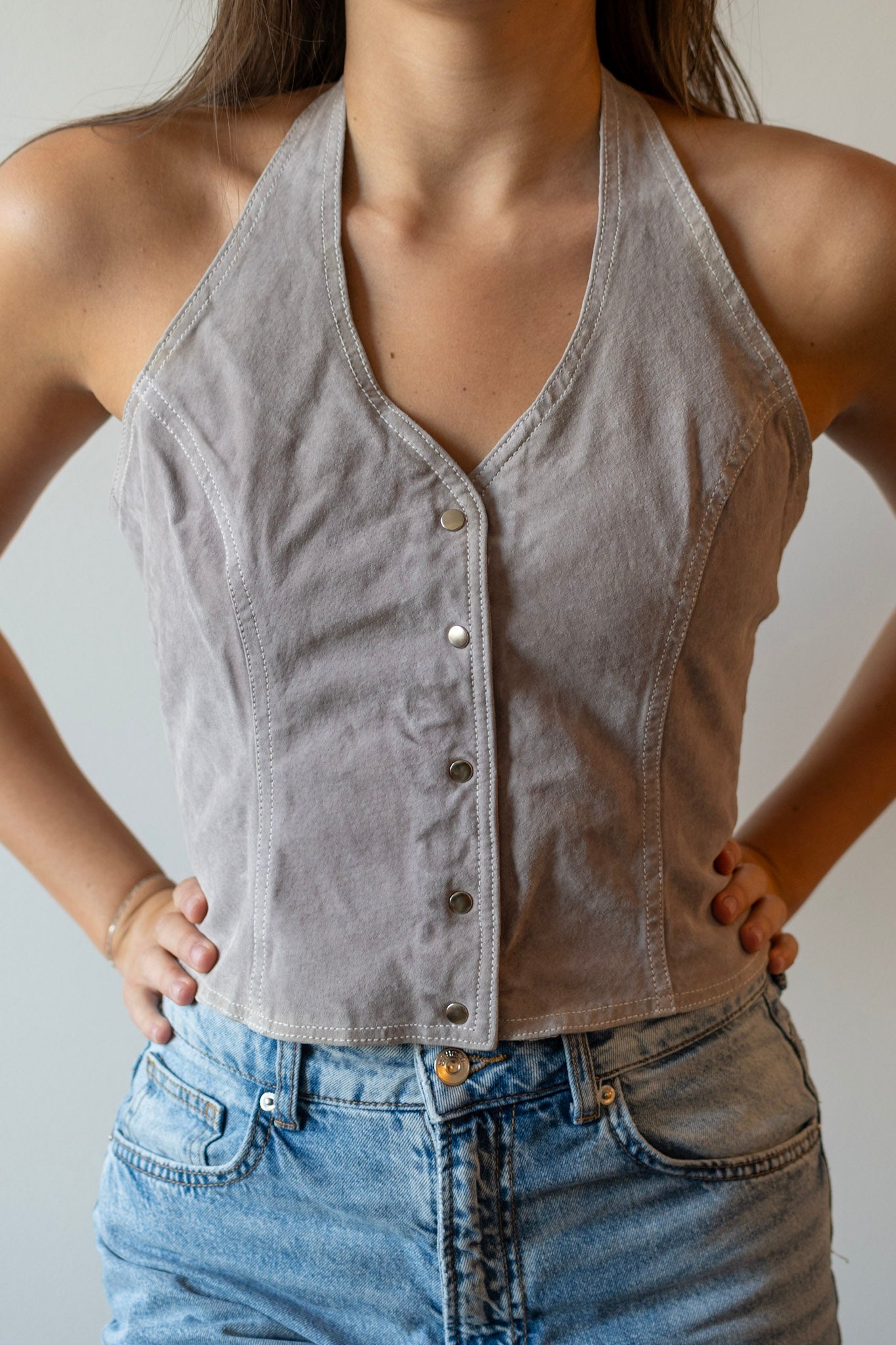 Vintage Trendy Button-Up Halter Top
