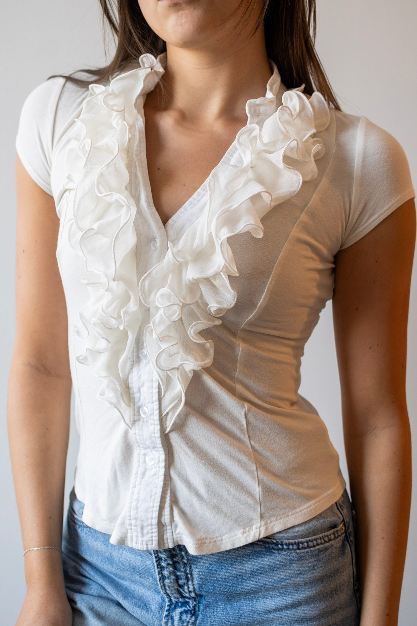 Ruffle Cotton Button-Up Shirt
