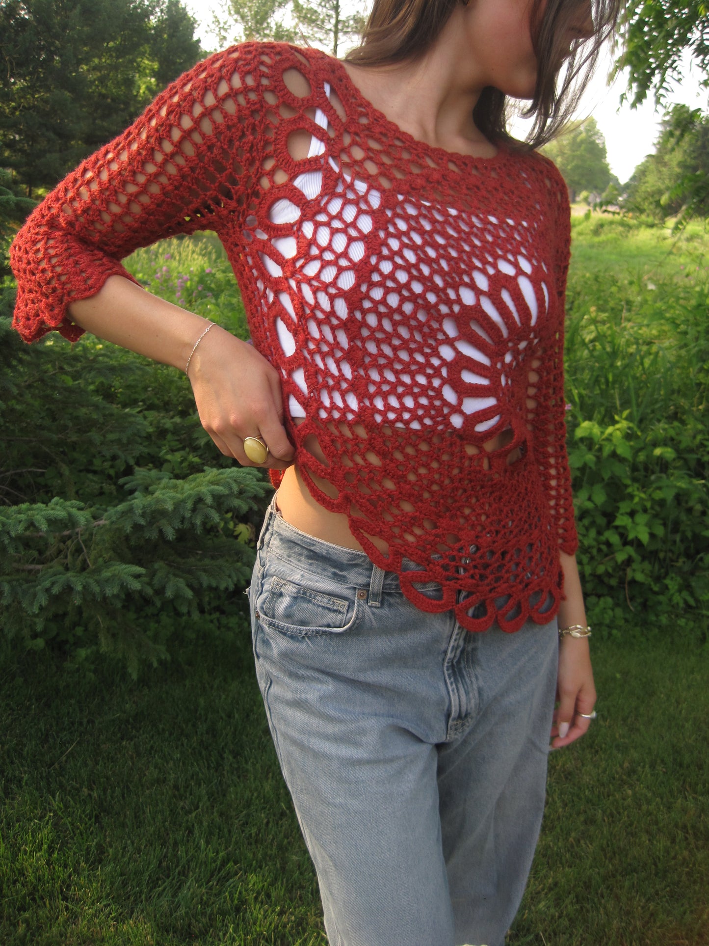 Rustic Red Crochet Asymmetrical Top