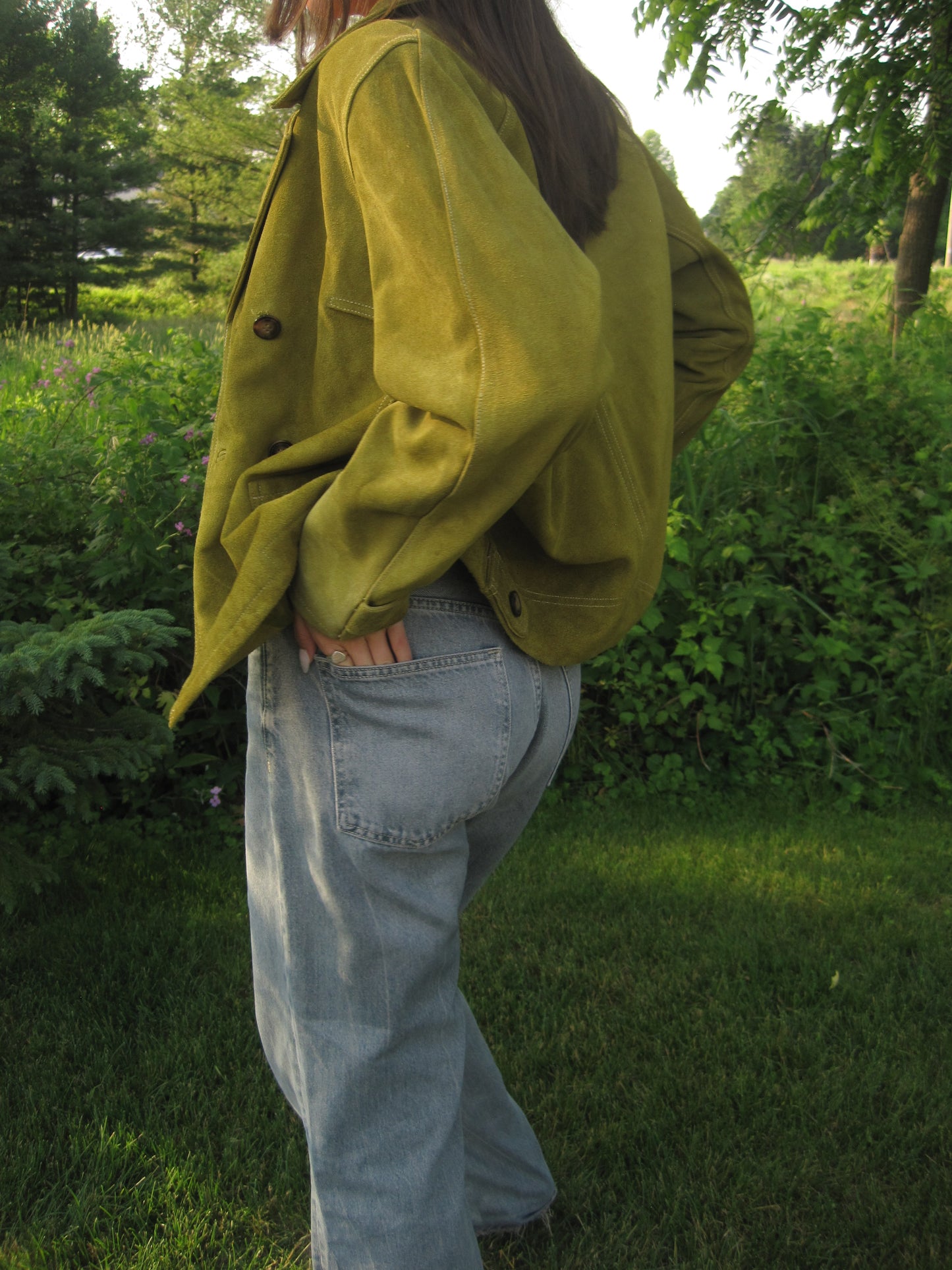 Olive Green Suede Button-Up Jacket