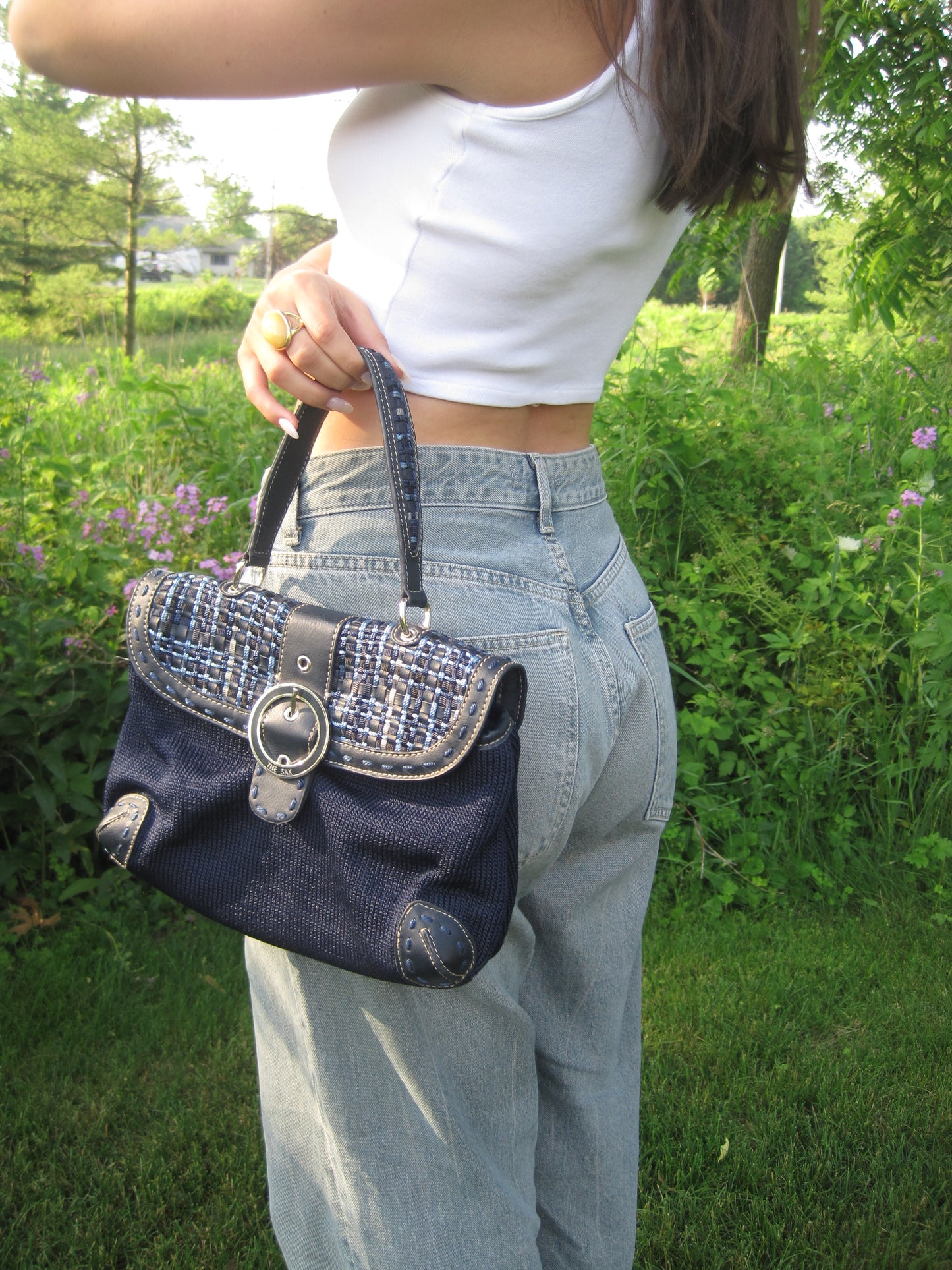 Navy Blue Stitched Clasped Bag