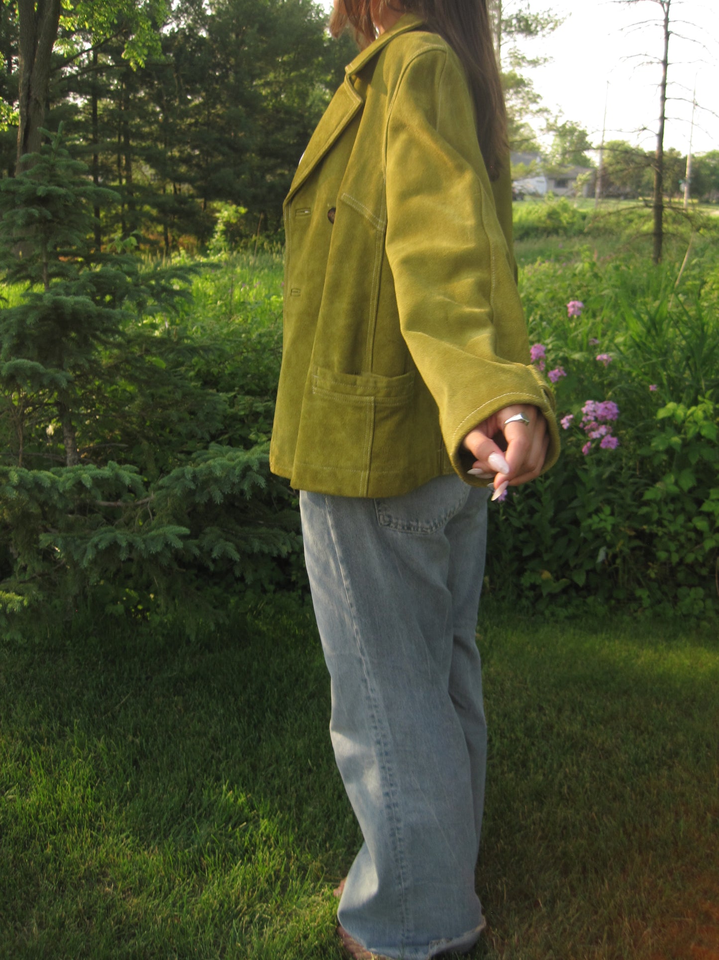 Olive Green Suede Button-Up Jacket