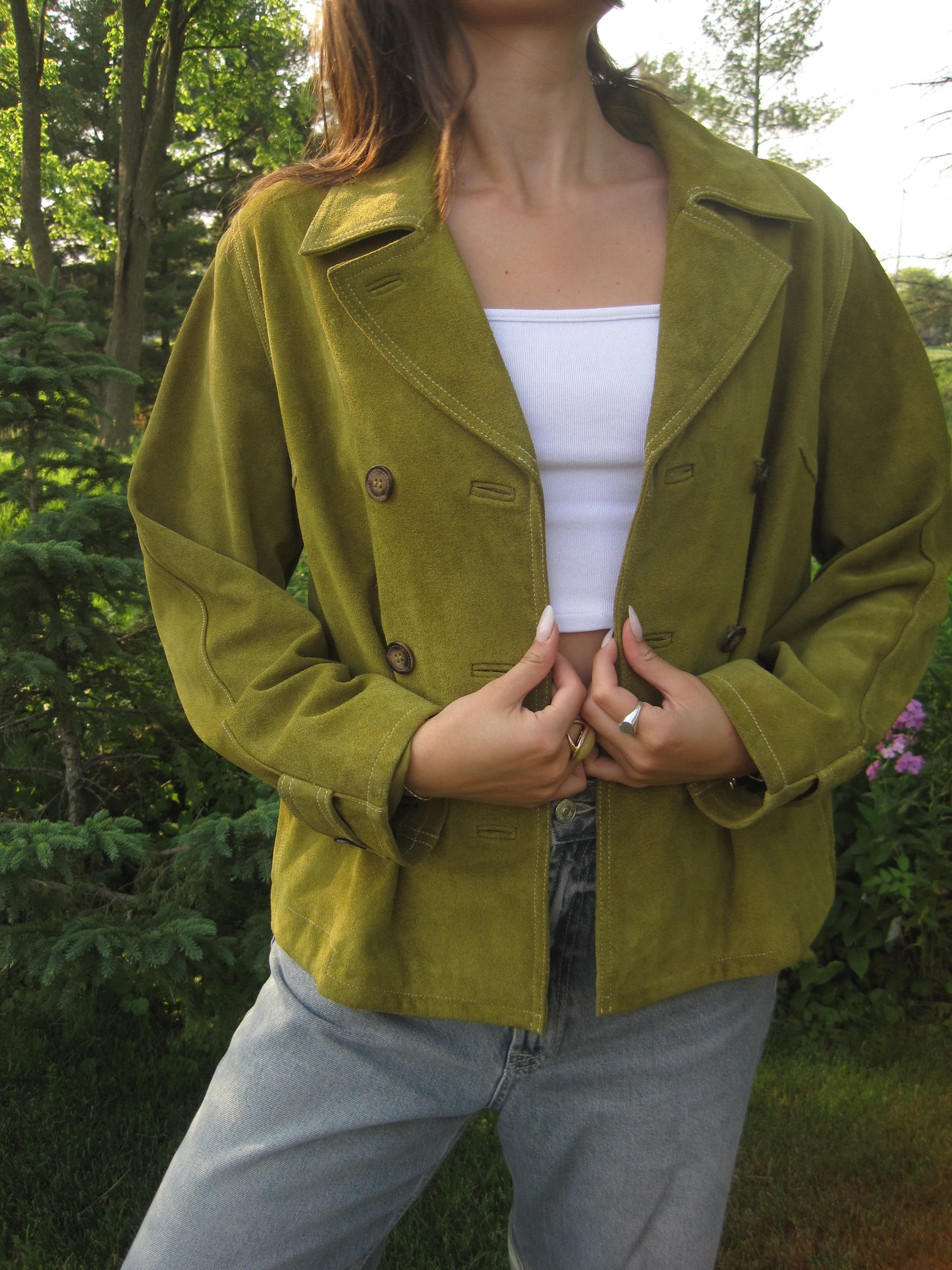 Olive Green Suede Button-Up Jacket